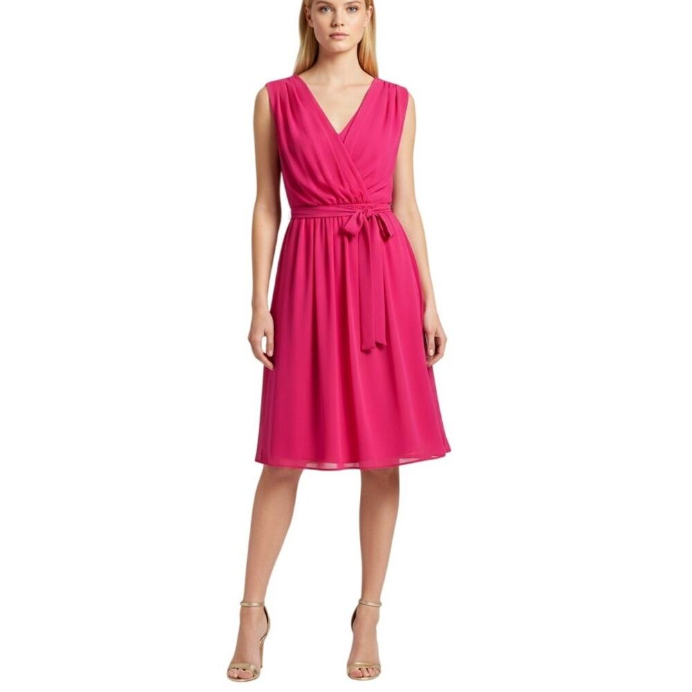 MaxMara Crepe Chiffon Draped V-neck Belted Dress Fuchsia Pink X Small
